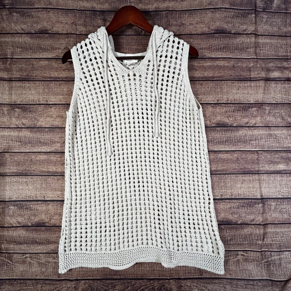 Artelier Nicole Miller Womens Cream Crochet Open Knit Sleeveless‎ Hoodie Top L